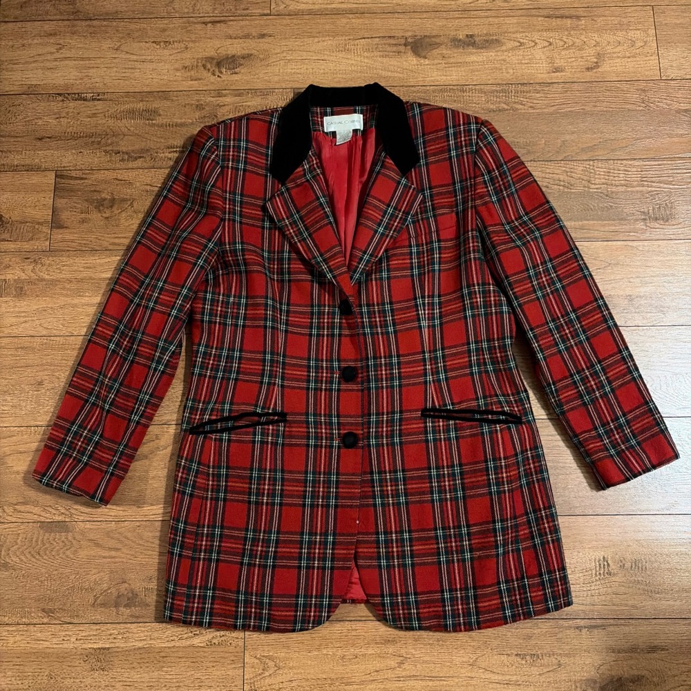 Casual Corner Womens Plaid Blazer Red 14 Wool Velvet Trim Academic Vintage